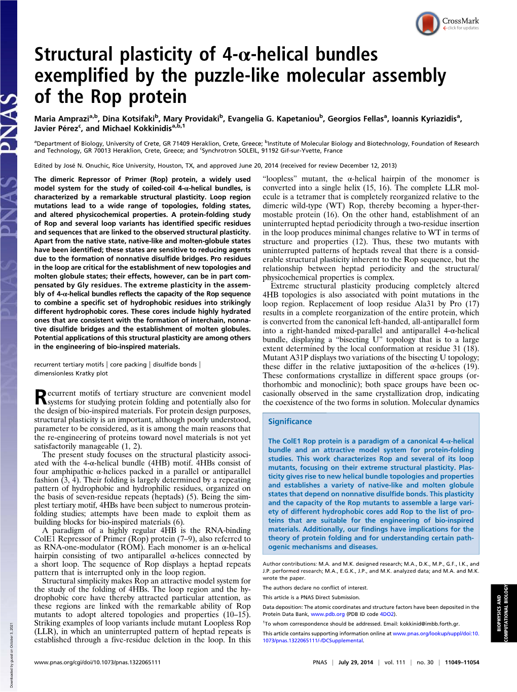 Structural Plasticity of 4-Α-Helical Bundles Exemplified by the Puzzle-Like Molecular Assembly of the Rop Protein