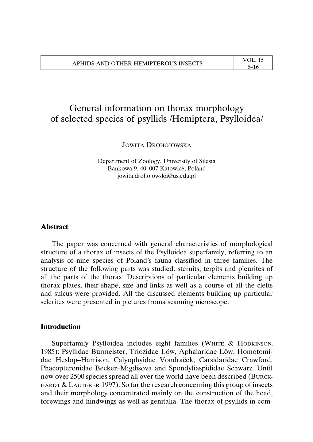 General Information on Thorax Morphology of Selected Species of Psyllids /Hemiptera, Psylloidea