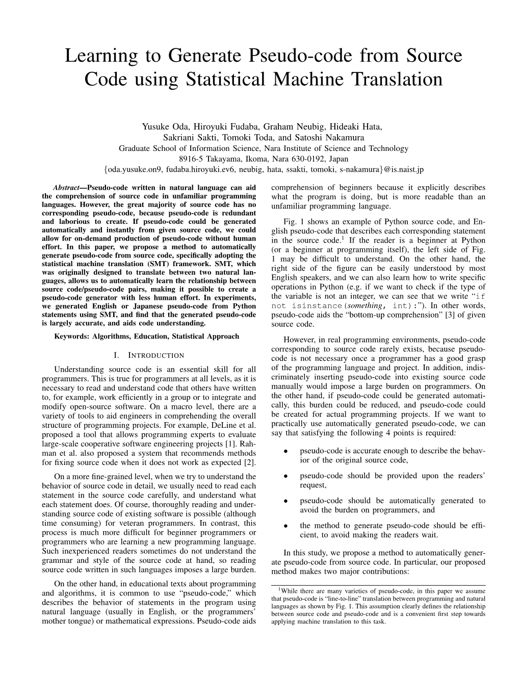 Learning to Generate Pseudo-Code from Source Code Using Statistical Machine Translation