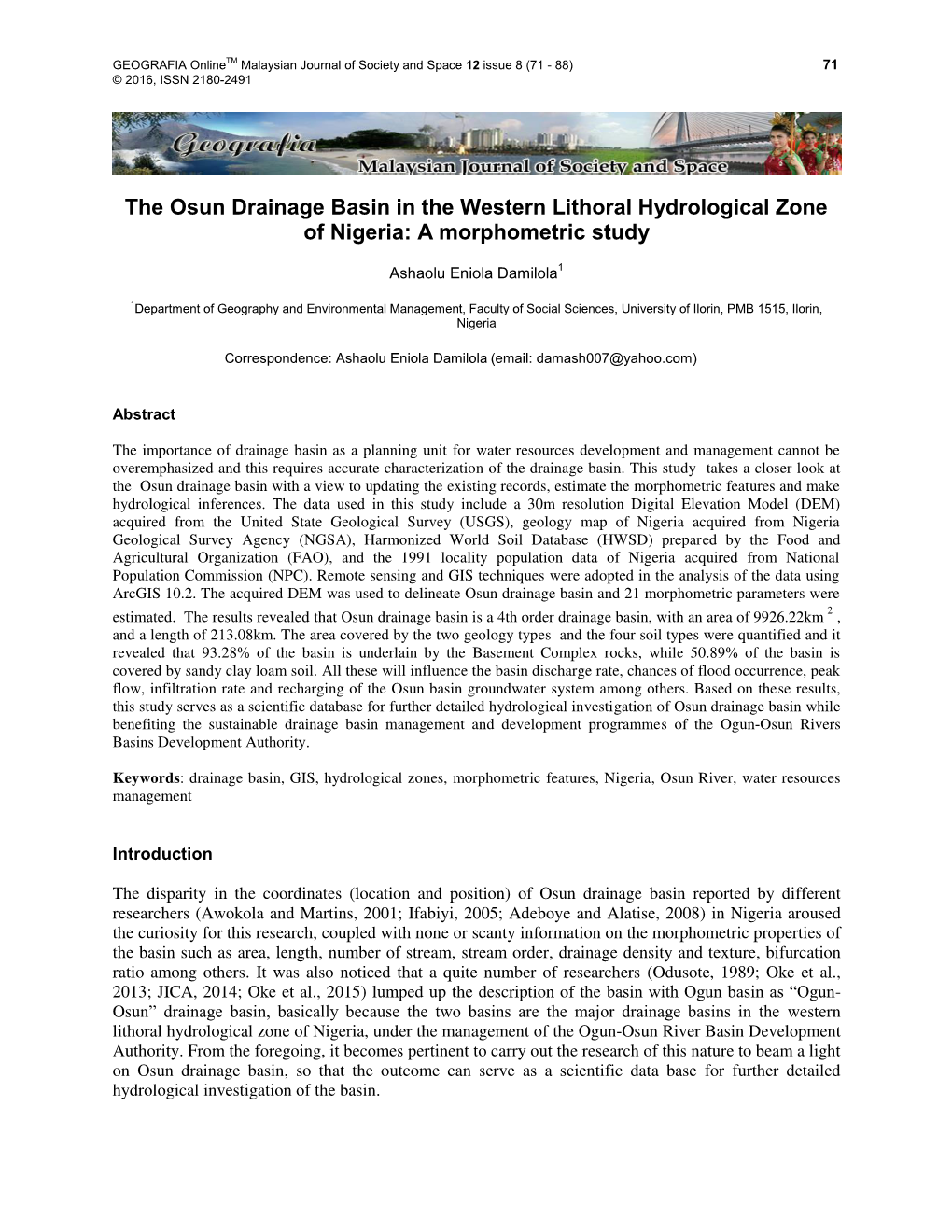 The Osun Drainage Basin in the Western Lithoral Hydrological Zone of Nigeria: a Morphometric Study