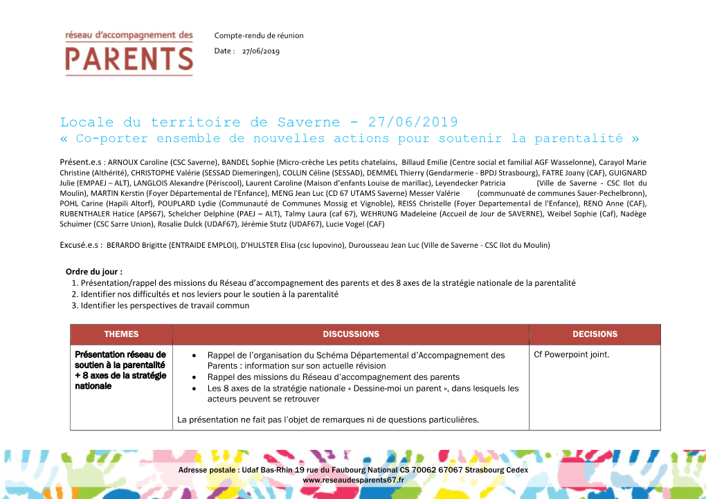 Locale Du Territoire De Saverne - 27/06/2019 « Co-Porter Ensemble De Nouvelles Actions Pour Soutenir La Parentalité »