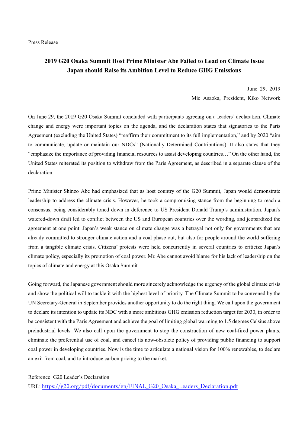 2019 G20 Osaka Summit Host Prime Minister Abe Failed to Lead on Climate Issue Japan Should Raise Its Ambition Level to Reduce GHG Emissions