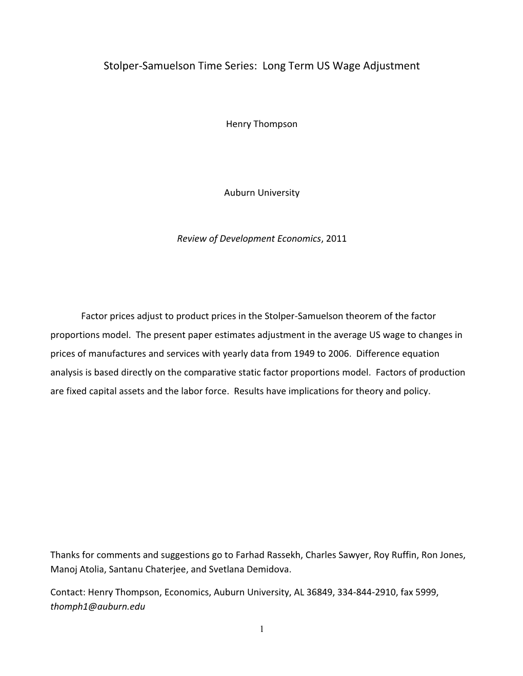 Stolper-Samuelson Time Series: Long Term US Wage Adjustment