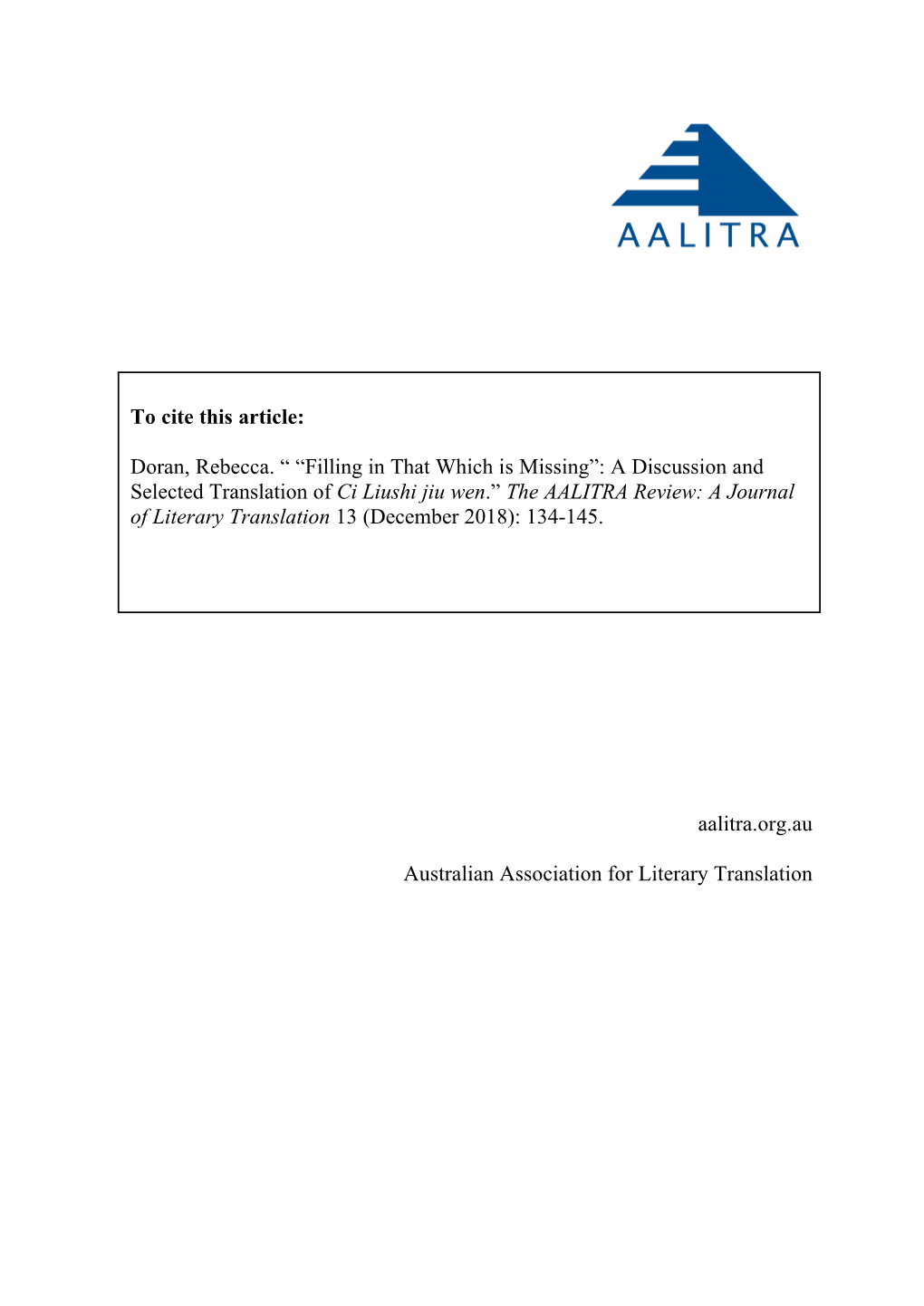 The AALITRA Review: a Journal of Literary Translation 13 (December 2018): 134-145