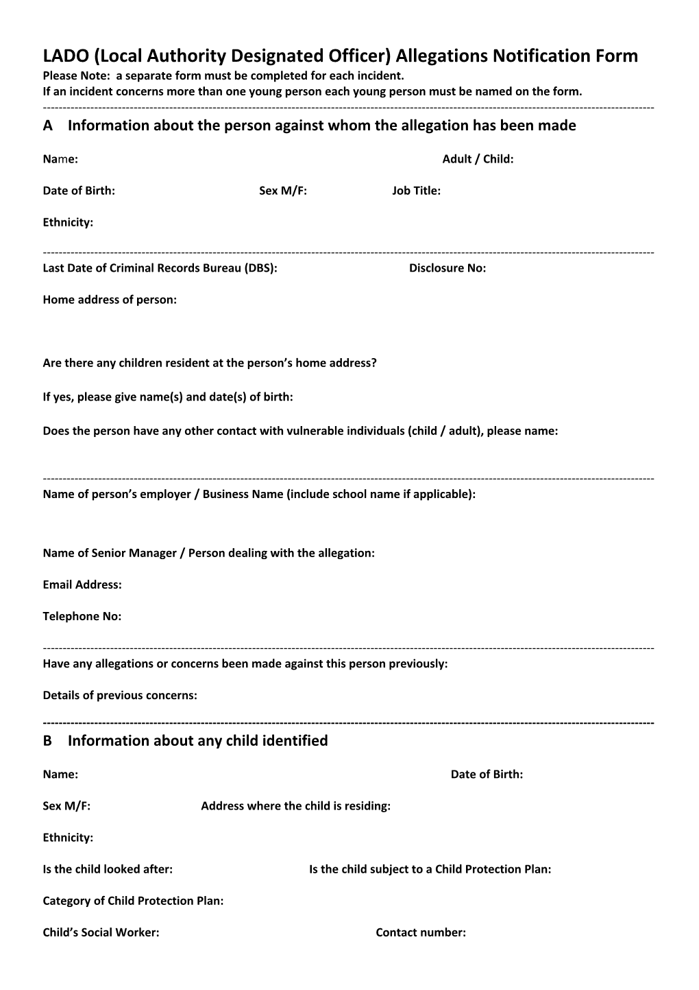 LADO (Local Authority Designated Officer) Allegations Notification Form