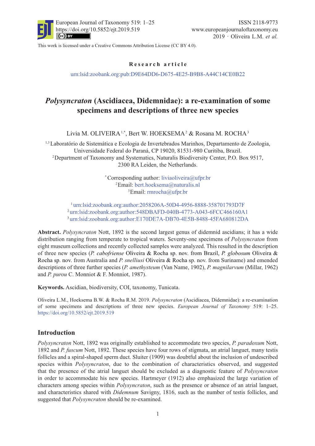 Ascidiacea, Didemnidae): a Re-Examination of Some Specimens and Descriptions of Three New Species