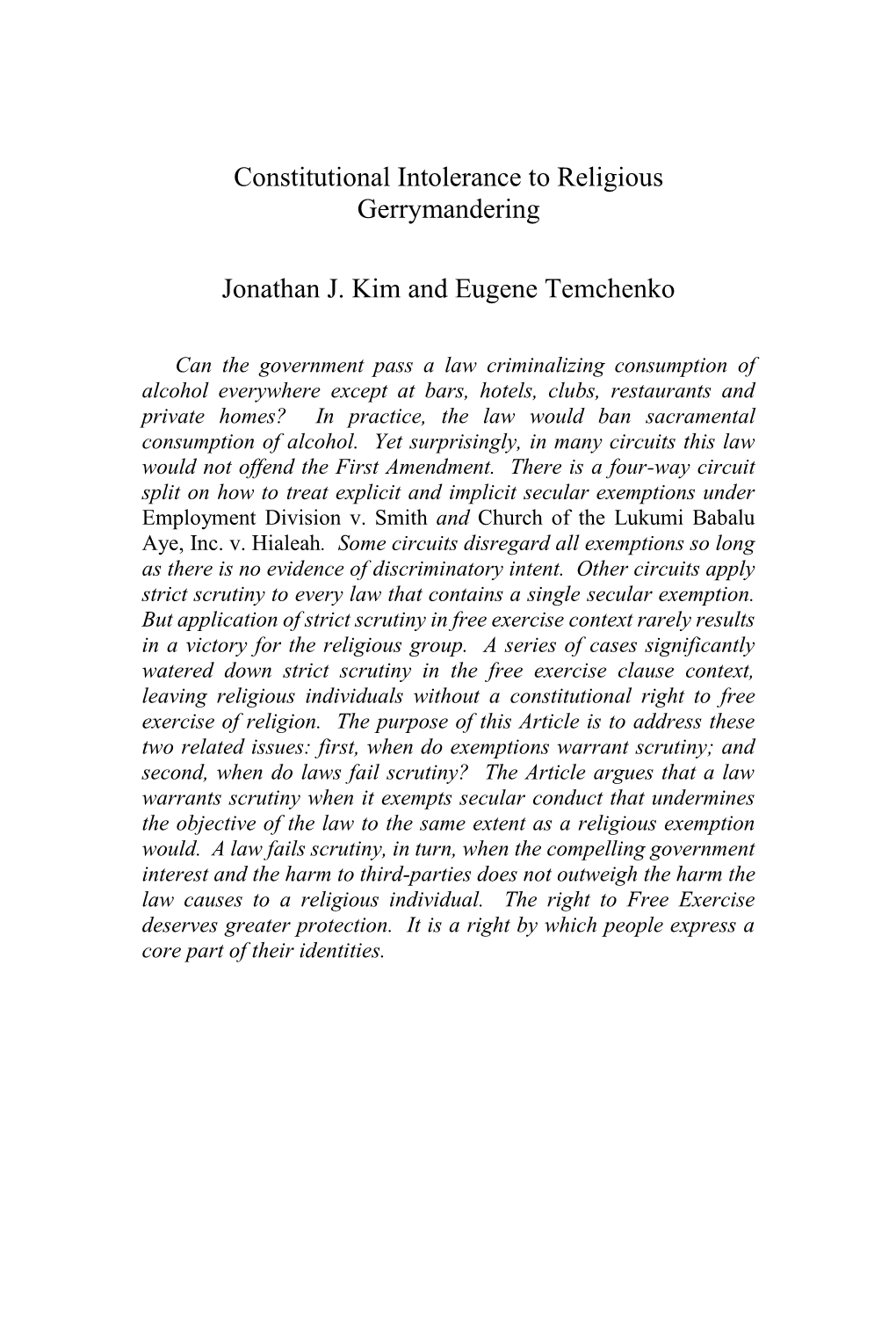 Constitutional Intolerance to Religious Gerrymandering.Pdf