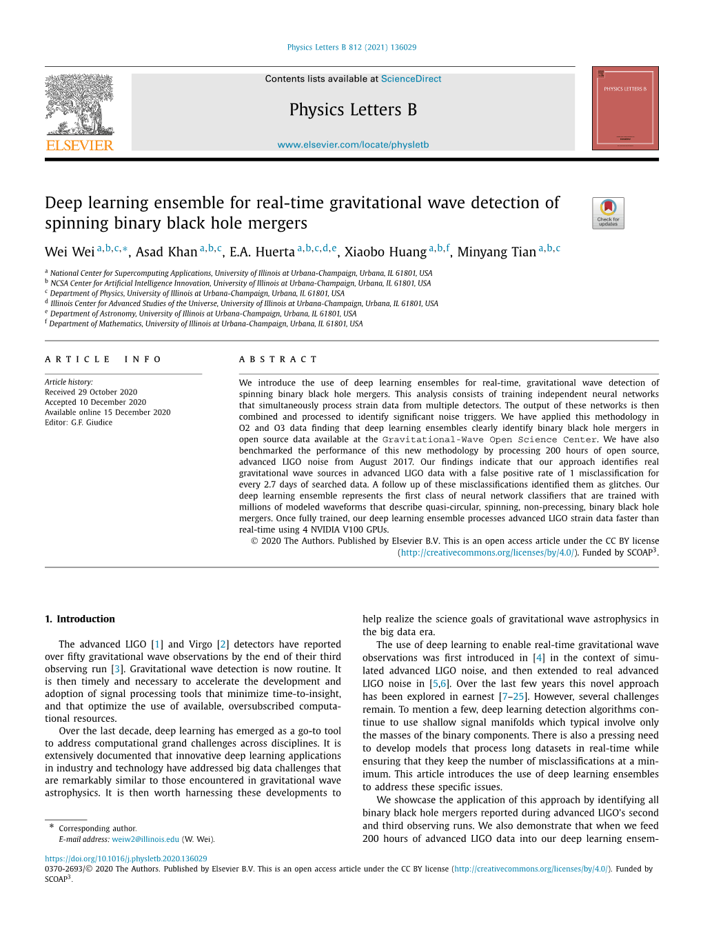 Deep Learning Ensemble for Real-Time Gravitational Wave Detection of Spinning Binary Black Hole Mergers ∗ Wei Wei A,B,C, , Asad Khan A,B,C, E.A