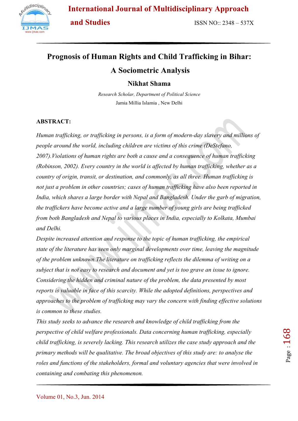 International Journal of Multidisciplinary Approach and Studies Prognosis of Human Rights and Child Trafficking in Bihar