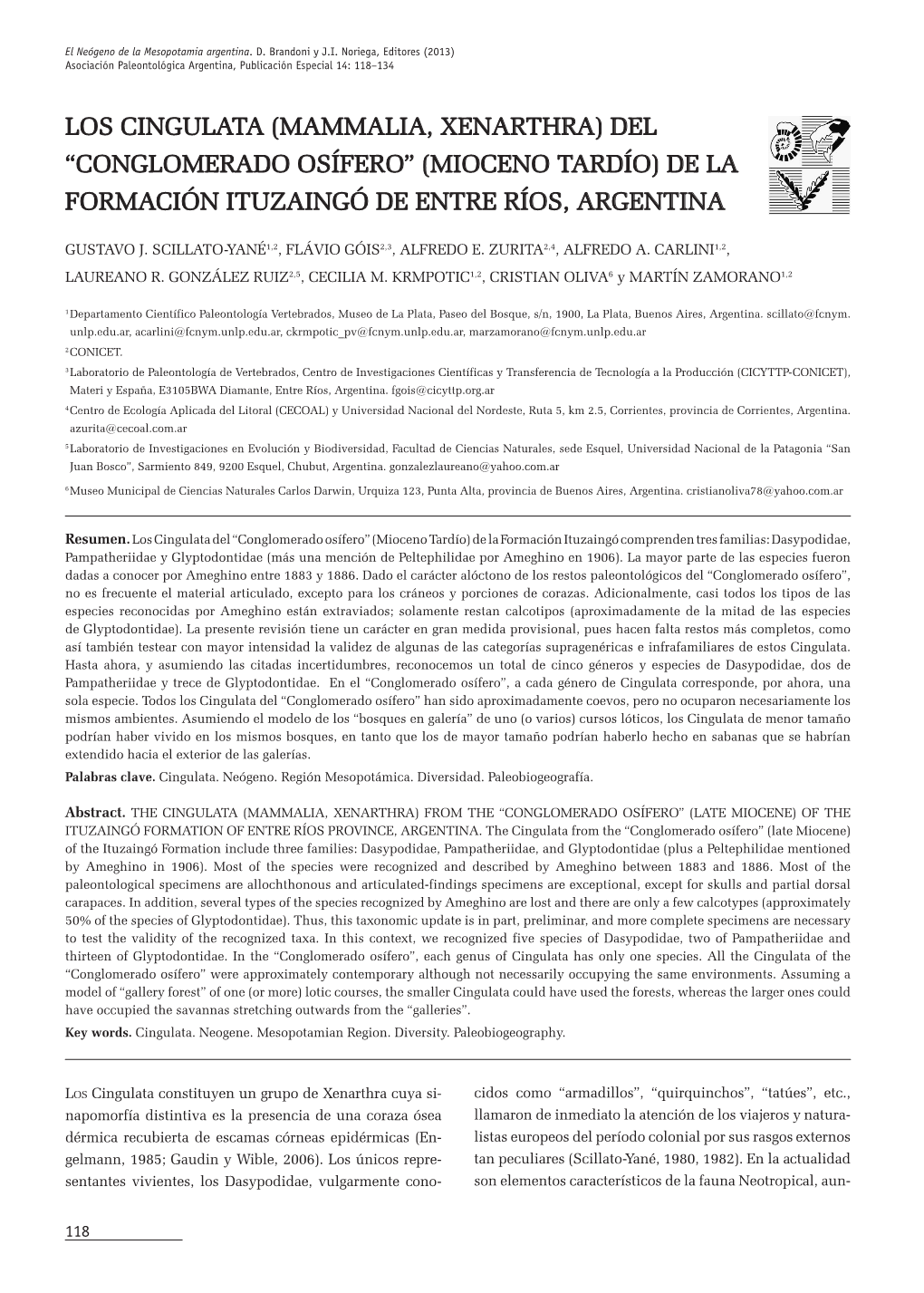 Los Cingulata (Mammalia, Xenarthra) Del “Conglomerado Osífero” (Mioceno Tardío) De La Formación Ituzaingó De Entre Ríos, Argentina