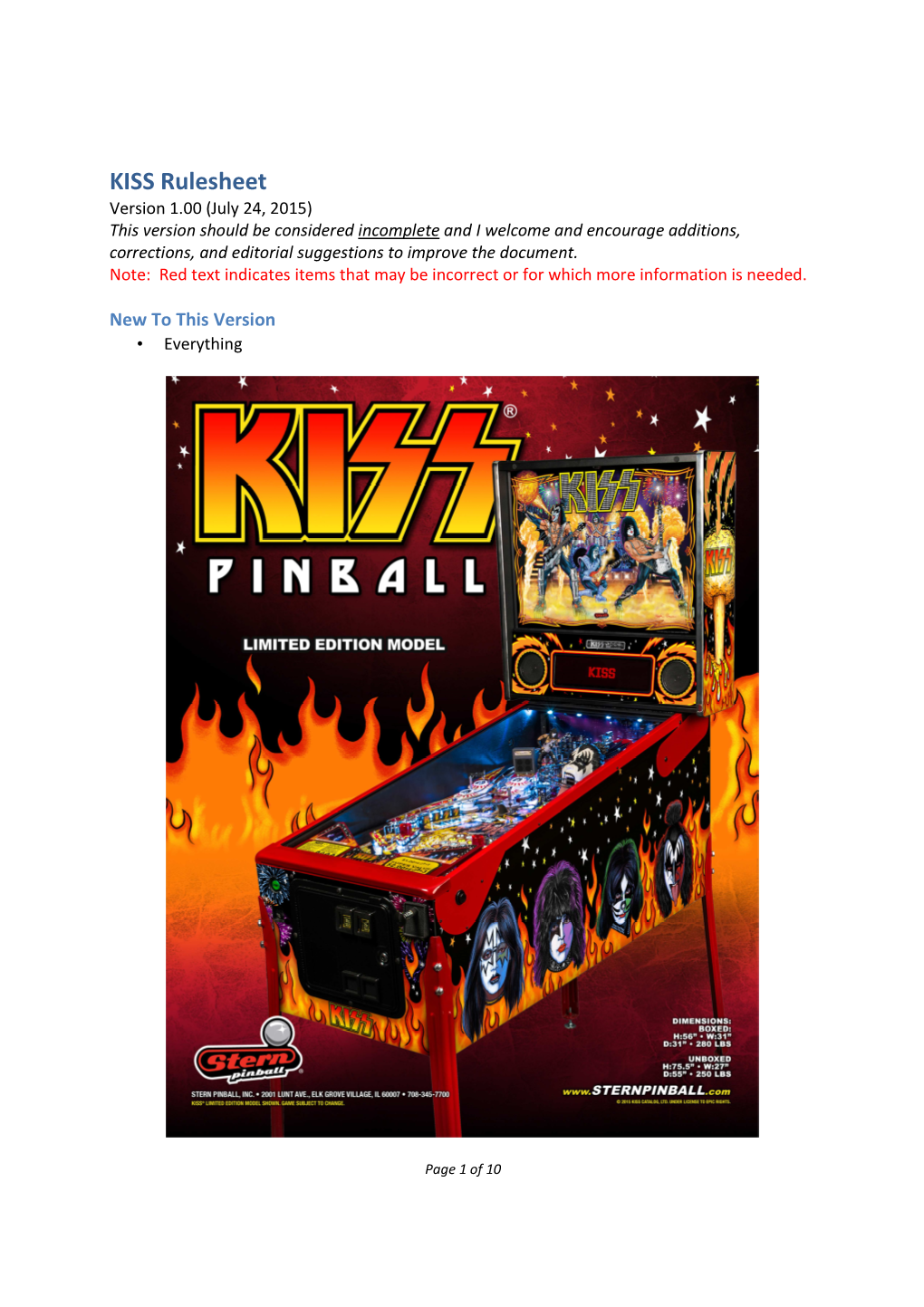 KISS Rulesheet Version