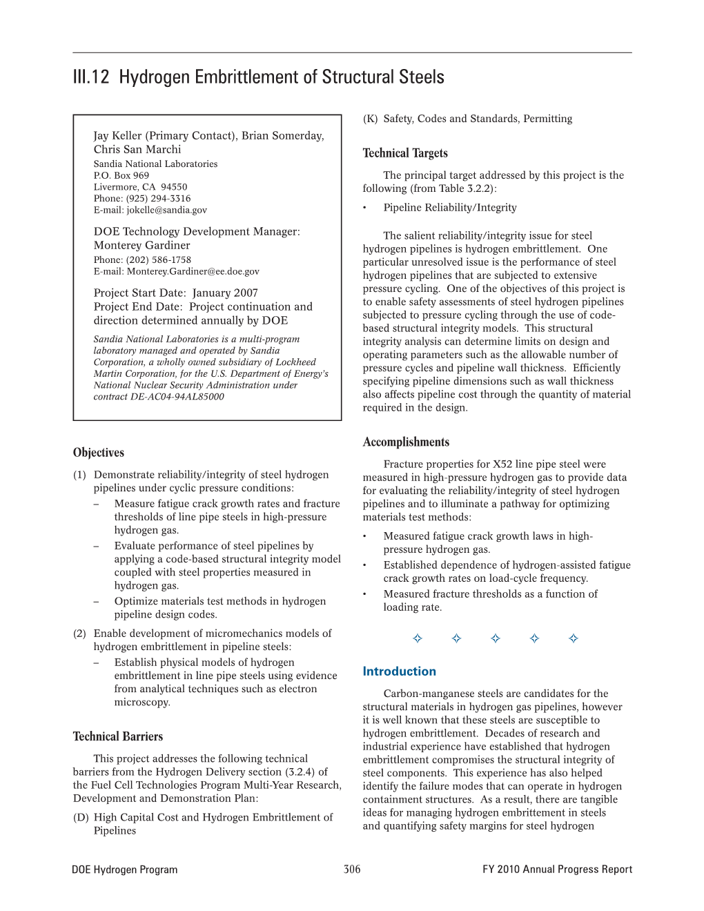 Hydrogen Embrittlement of Structural Steels, DOE Hydrogen Program FY