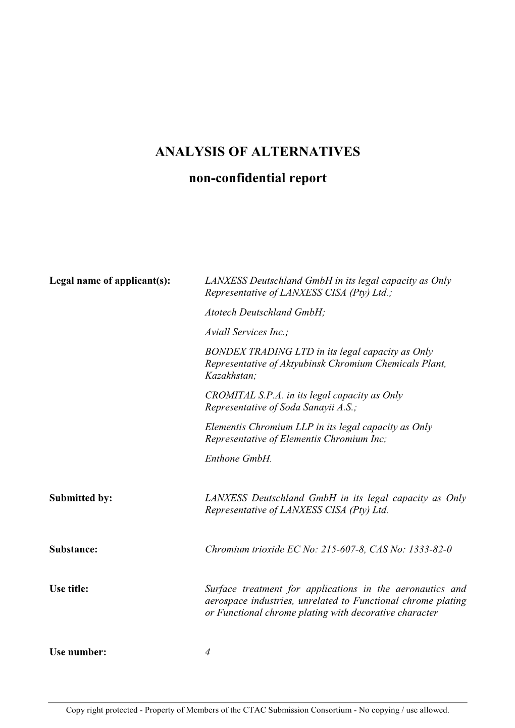 ANALYSIS of ALTERNATIVES Non-Confidential Report