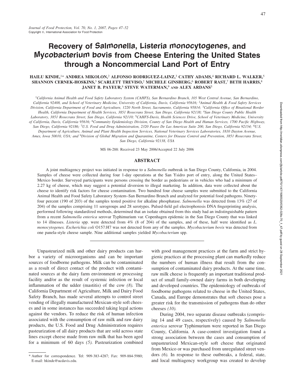 Recovery of <I>Salmonella, Listeria Monocytogenes,</I> and <I>Mycobacterium Bovis</I> from Cheese Enteri