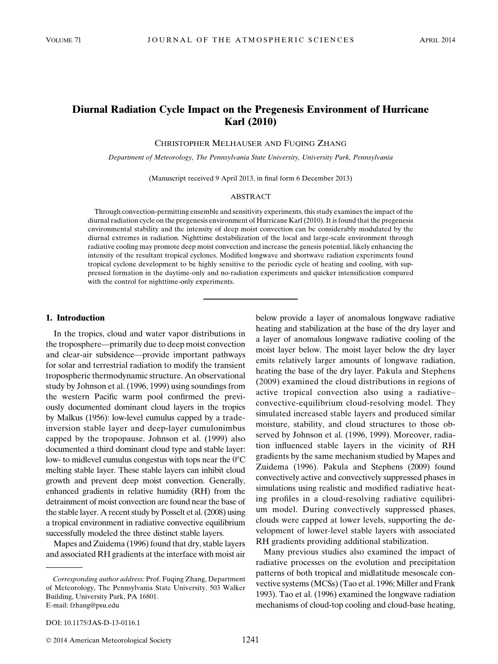 Diurnal Radiation Cycle Impact on the Pregenesis Environment of Hurricane Karl (2010)