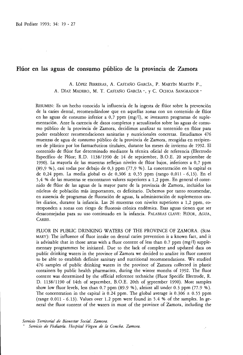 Fluor En Las Aguas De Consumo Público De La Provincia De Zamora