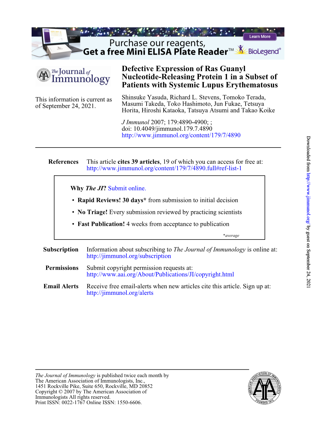 Patients with Systemic Lupus Erythematosus Nucleotide-Releasing Protein 1 in a Subset of Defective Expression of Ras Guanyl