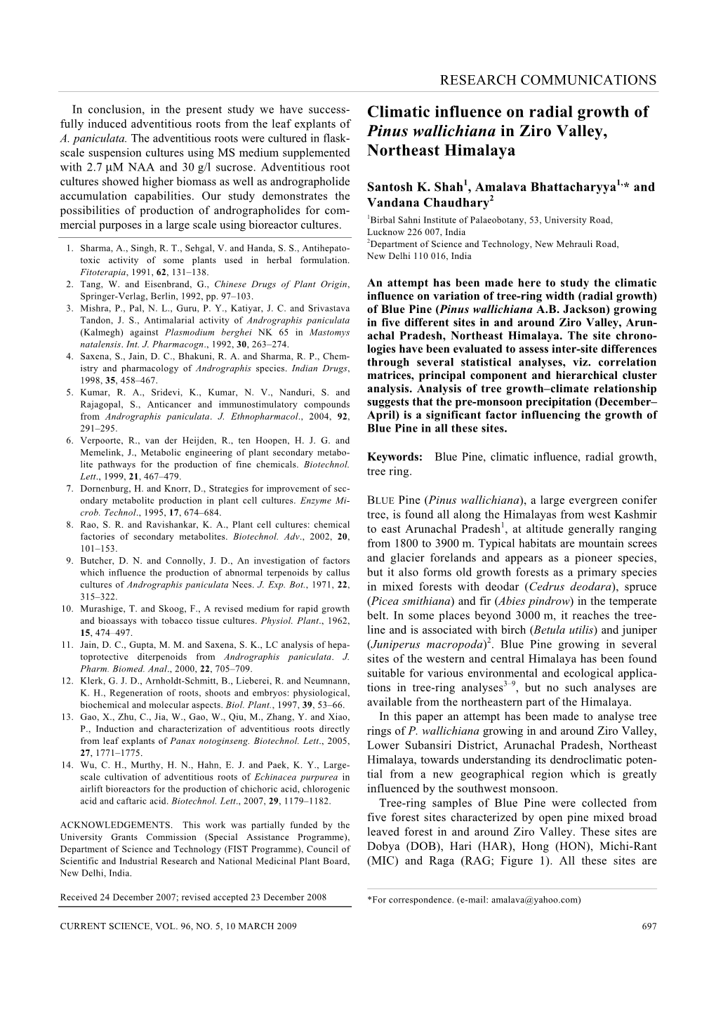 Climatic Influence on Radial Growth of Pinus Wallichiana in Ziro Valley