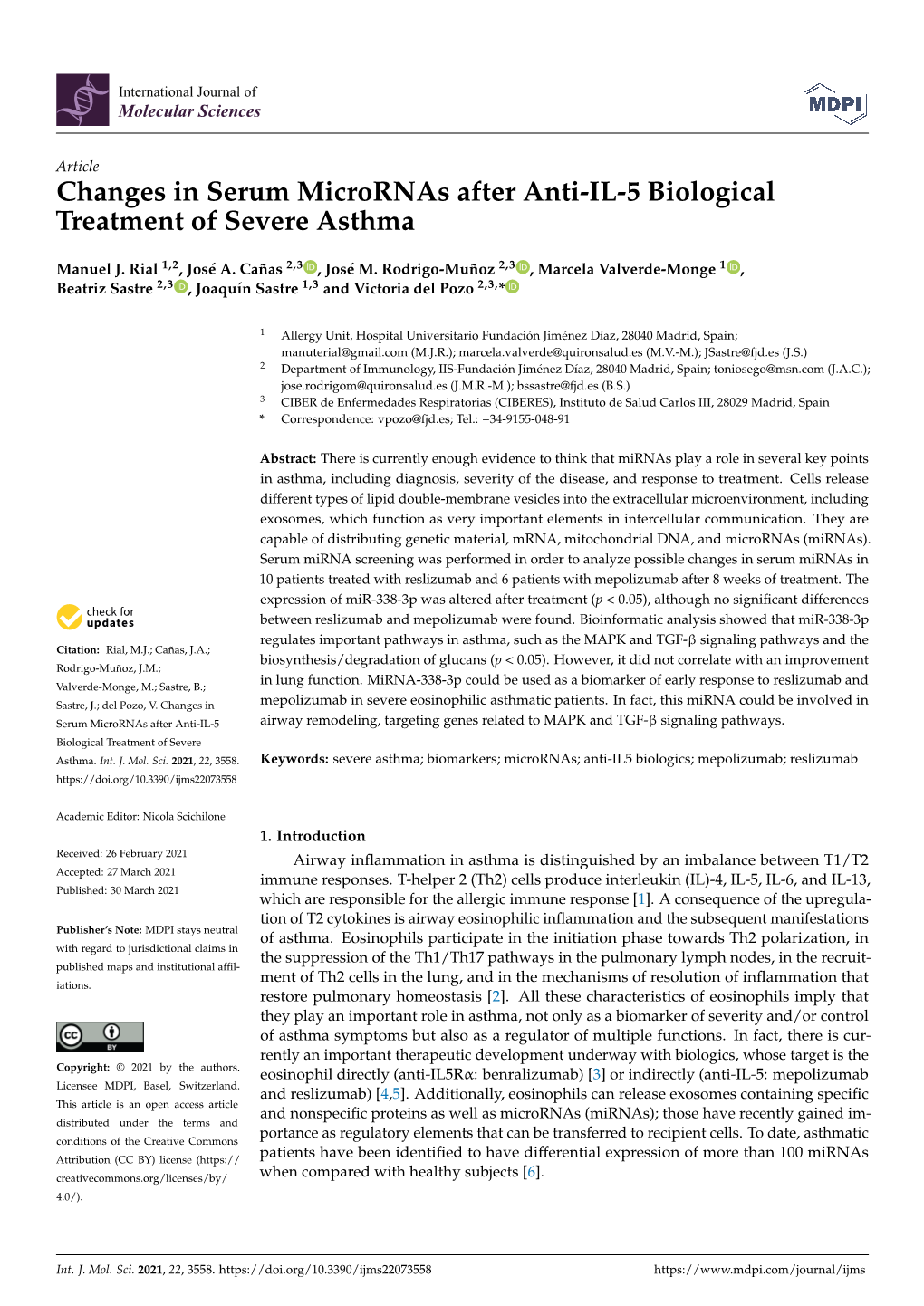 Changes in Serum Micrornas After Anti-IL-5 Biological Treatment of Severe Asthma