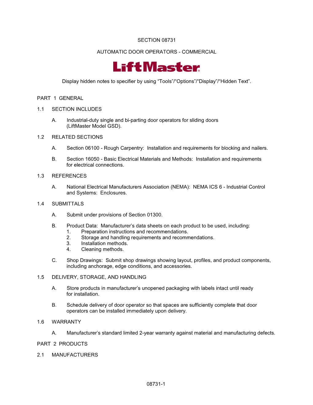 Section 08731 - Automatic Door Operators - Commercial