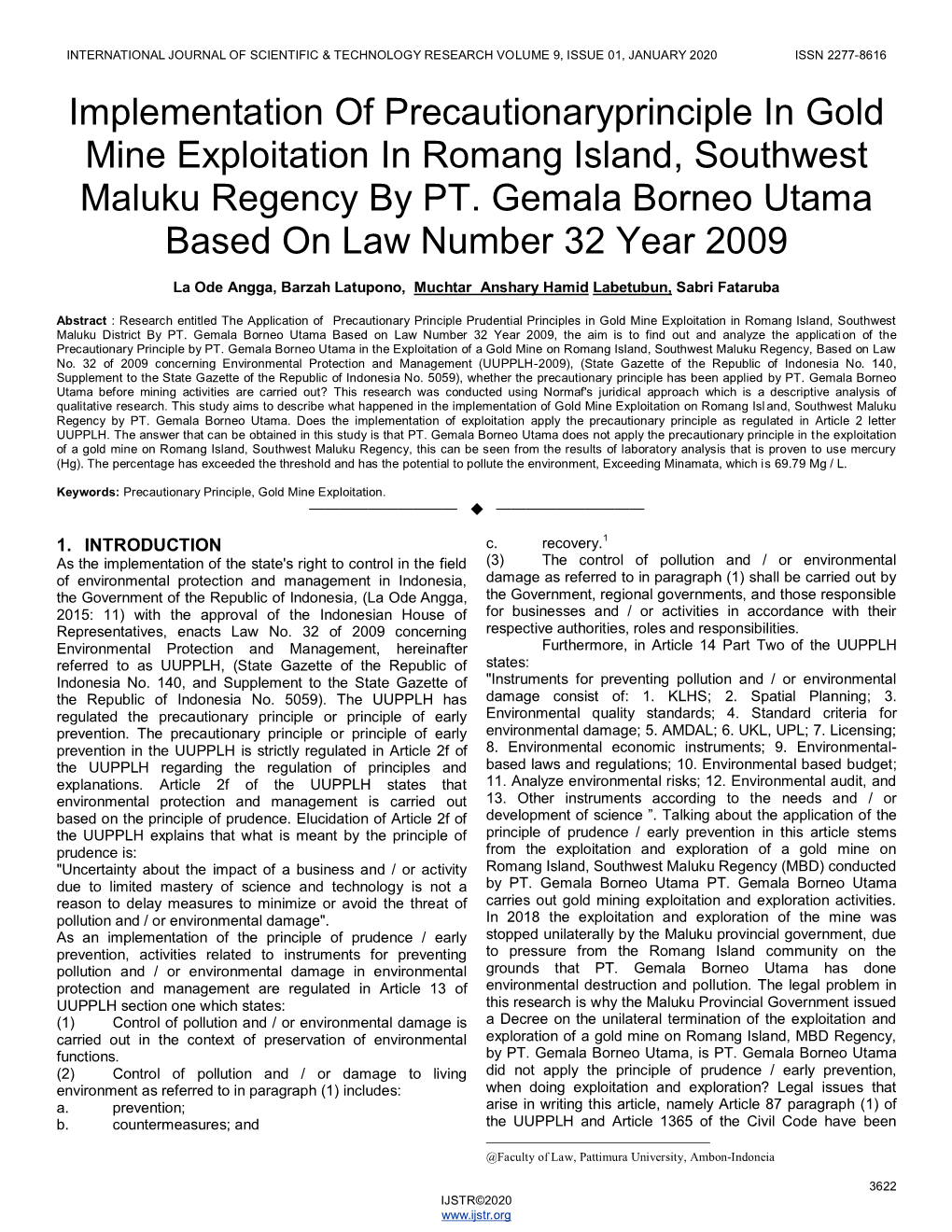 Implementation of Precautionaryprinciple in Gold Mine Exploitation in Romang Island, Southwest Maluku Regency by PT