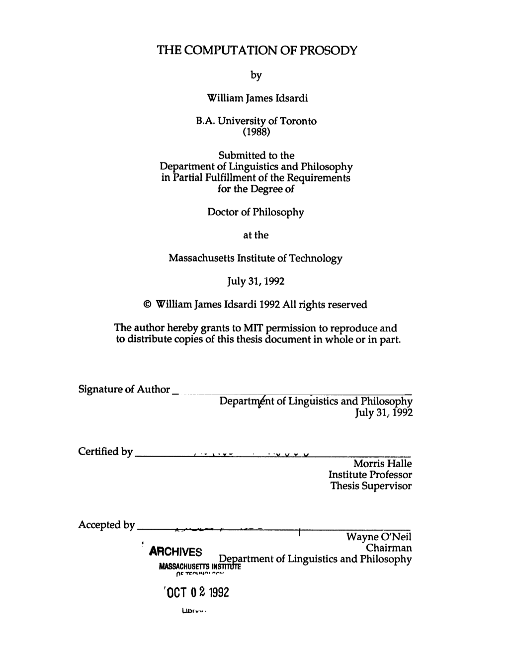 The Computation of Prosody 'Oct 0 2 1992