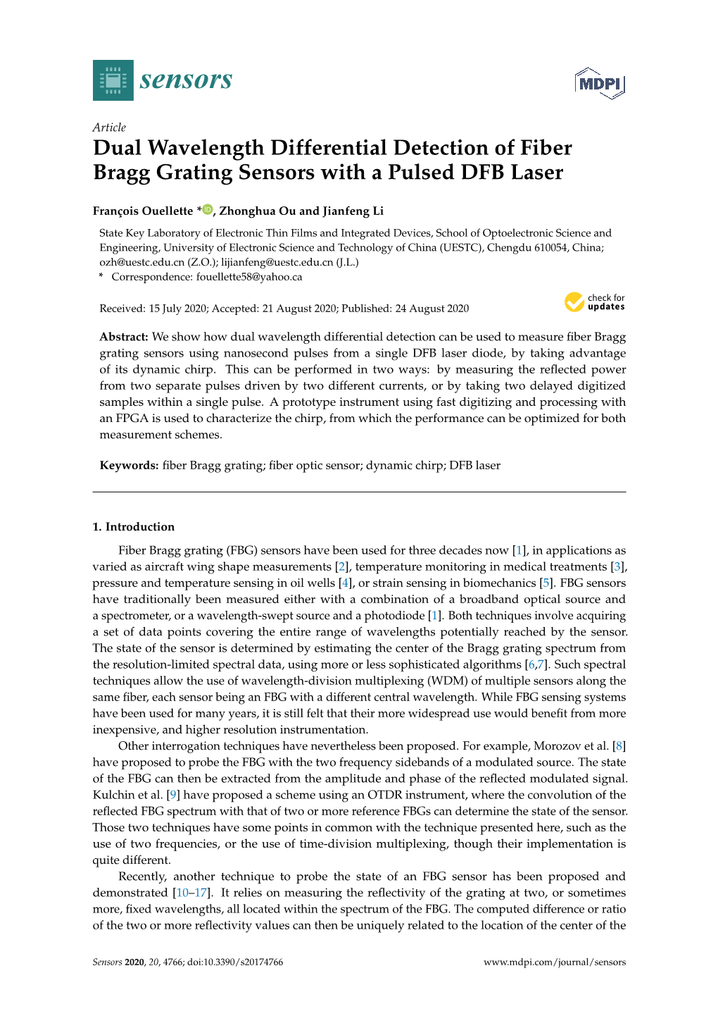 Dual Wavelength Differential Detection of Fiber Bragg Grating Sensors with a Pulsed DFB Laser
