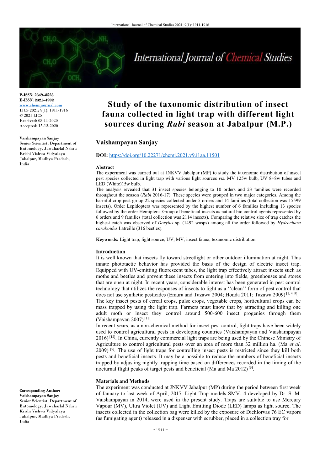 Study of the Taxonomic Distribution of Insect Fauna Collected in Light Trap