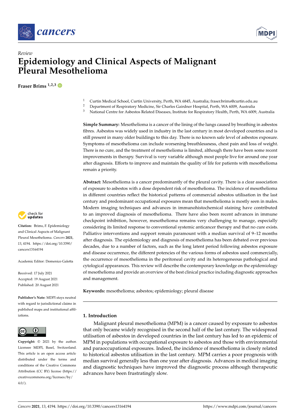 Epidemiology and Clinical Aspects of Malignant Pleural Mesothelioma