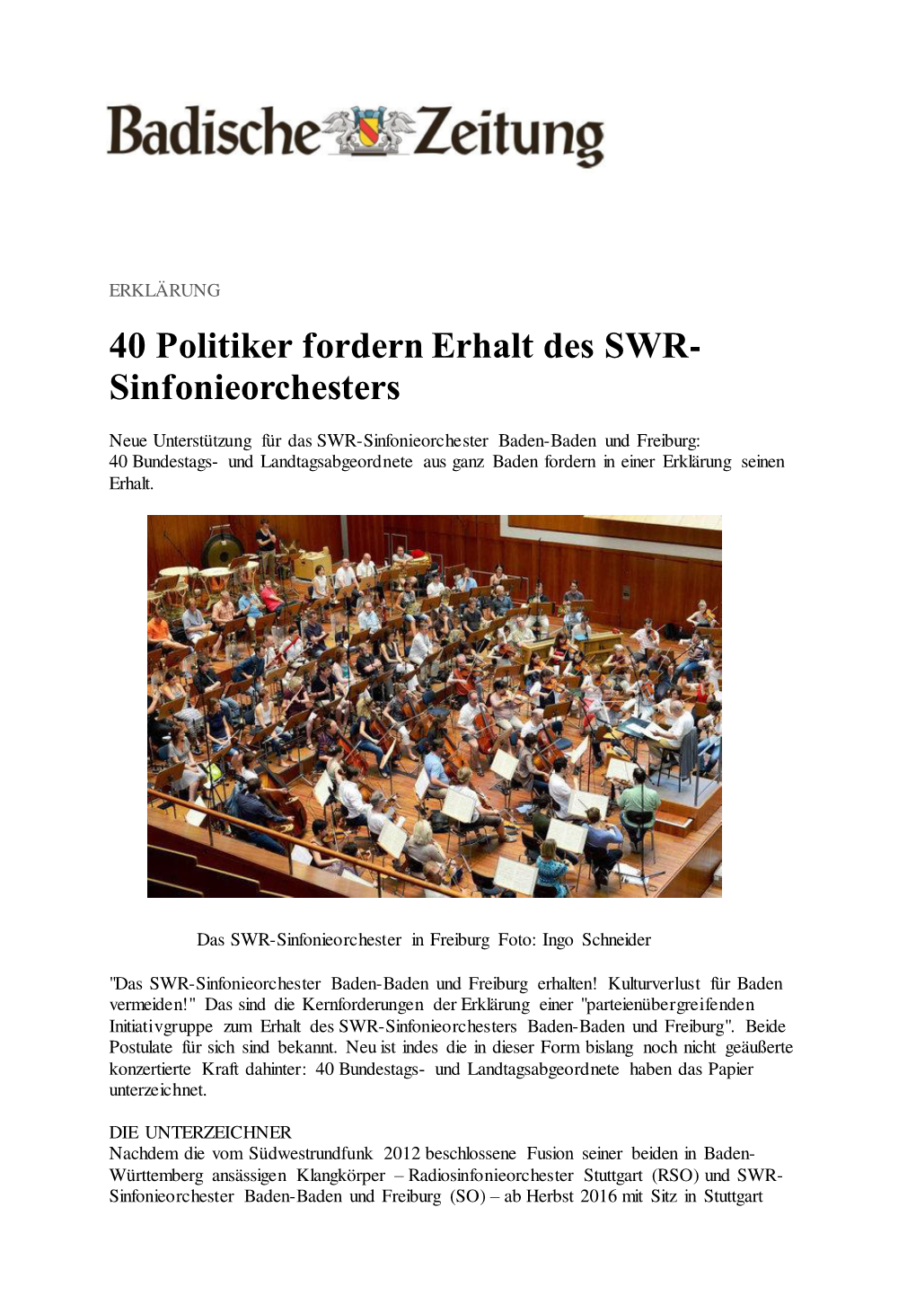 40 Politiker Fordern Erhalt Des SWR- Sinfonieorchesters