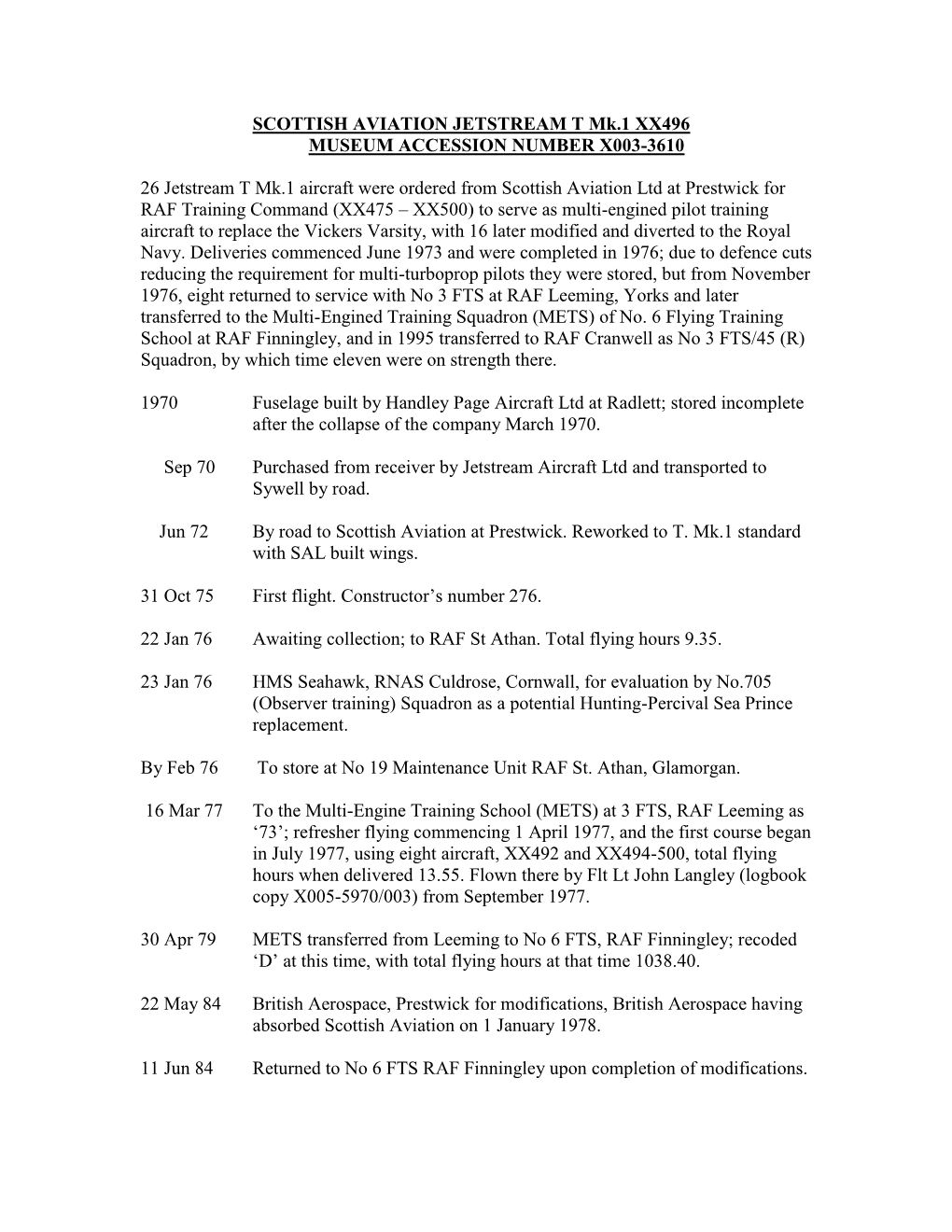 SCOTTISH AVIATION JETSTREAM T Mk.1 XX496 MUSEUM ACCESSION NUMBER X003-3610