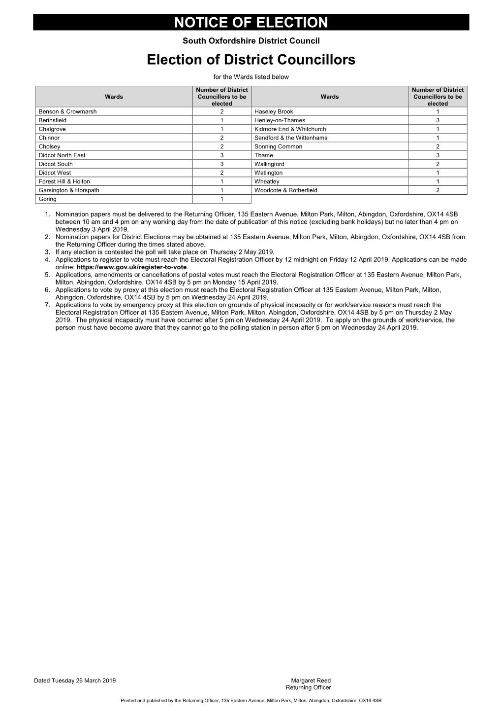 NOTICE of ELECTION Election of District Councillors