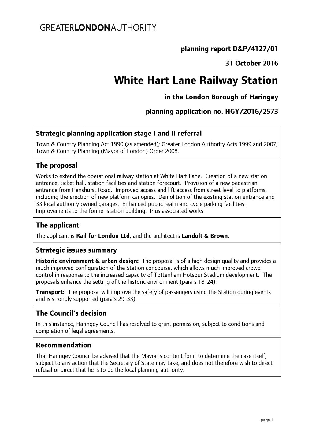 White Hart Lane Railway Station in the London Borough of Haringey Planning Application No