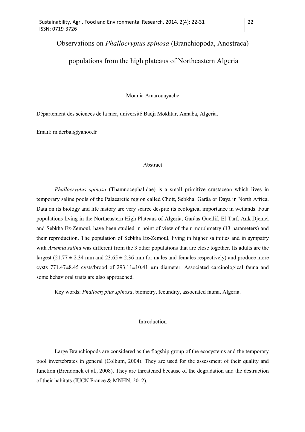 Observations on Phallocryptus Spinosa (Branchiopoda, Anostraca)