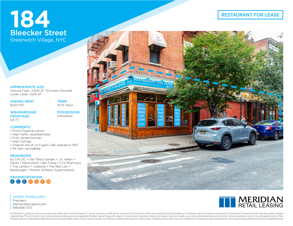 Bleecker Street Greenwich Village, NYC RESTAURANT for LEASE