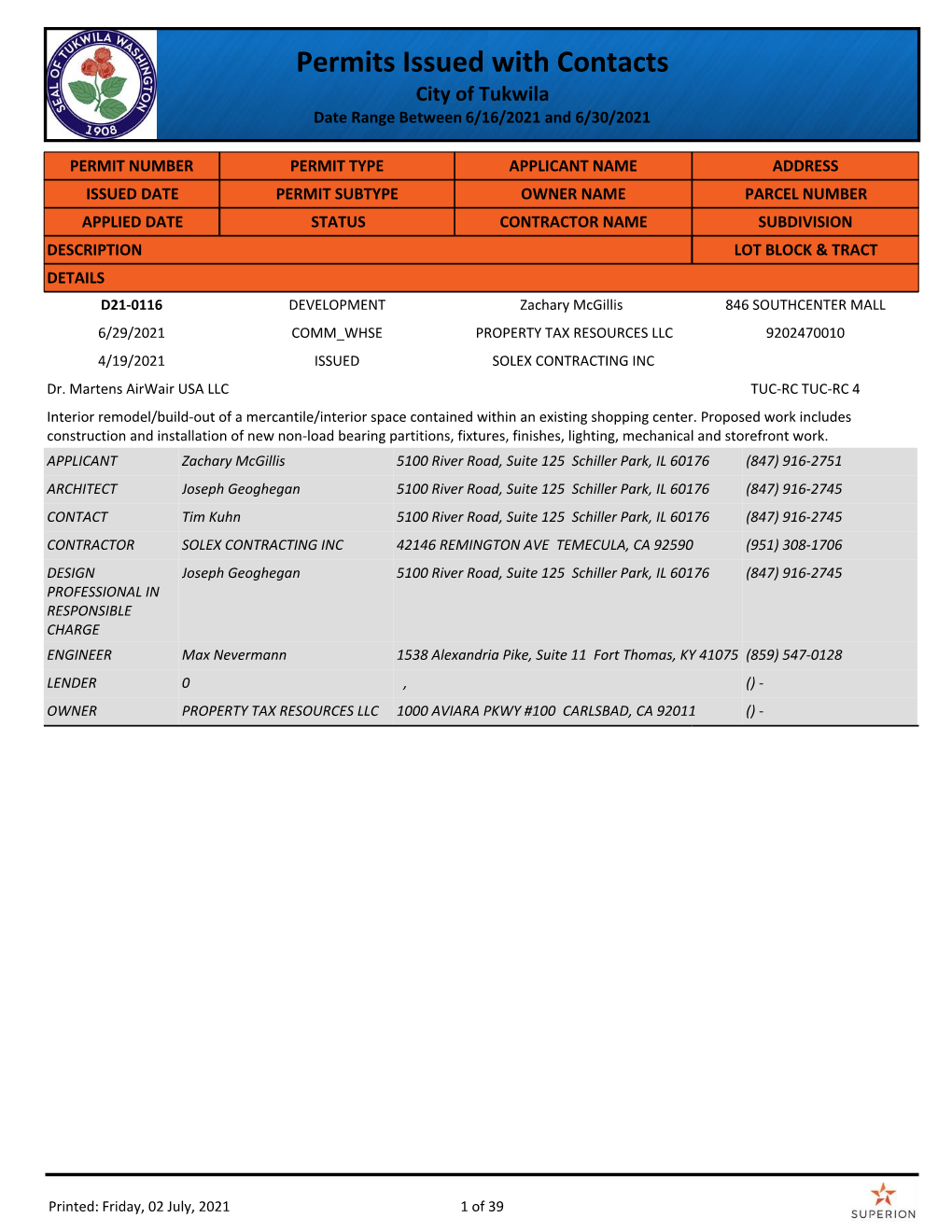 Permits Issued with Contacts City of Tukwila Date Range Between 6/16/2021 and 6/30/2021