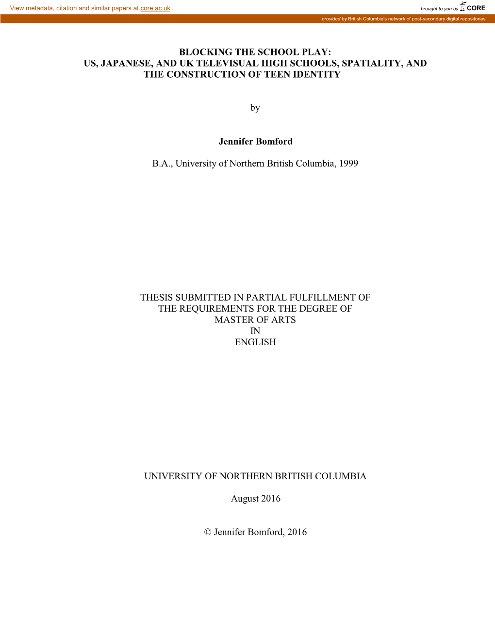 US, JAPANESE, and UK TELEVISUAL HIGH SCHOOLS, SPATIALITY, and the CONSTRUCTION of TEEN IDENTITY By