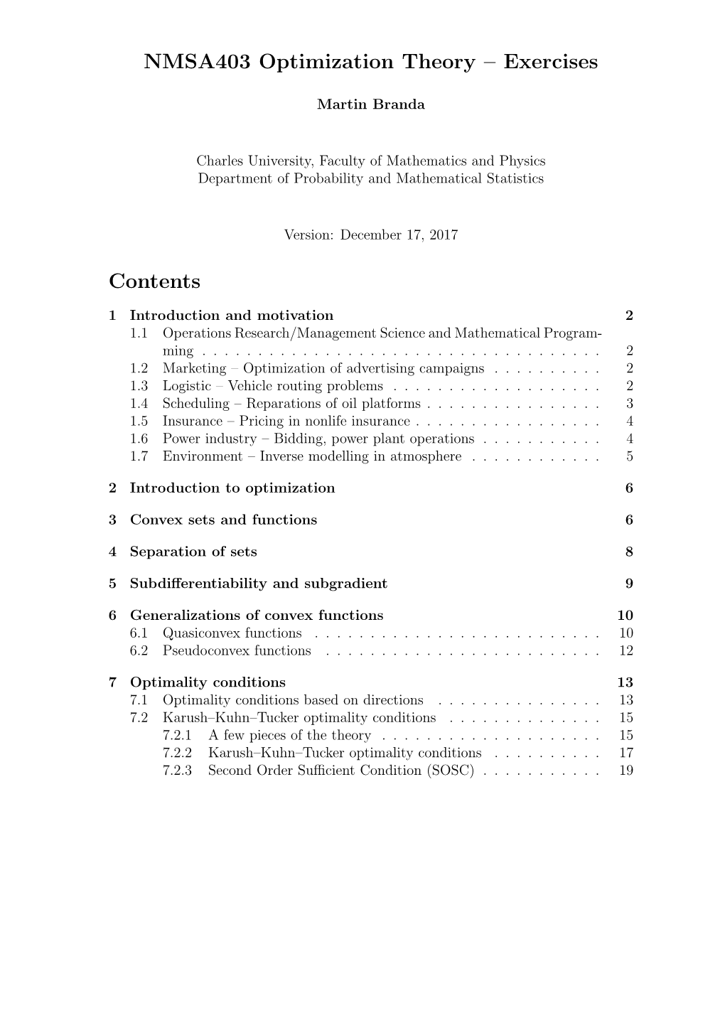 NMSA403 Optimization Theory – Exercises Contents