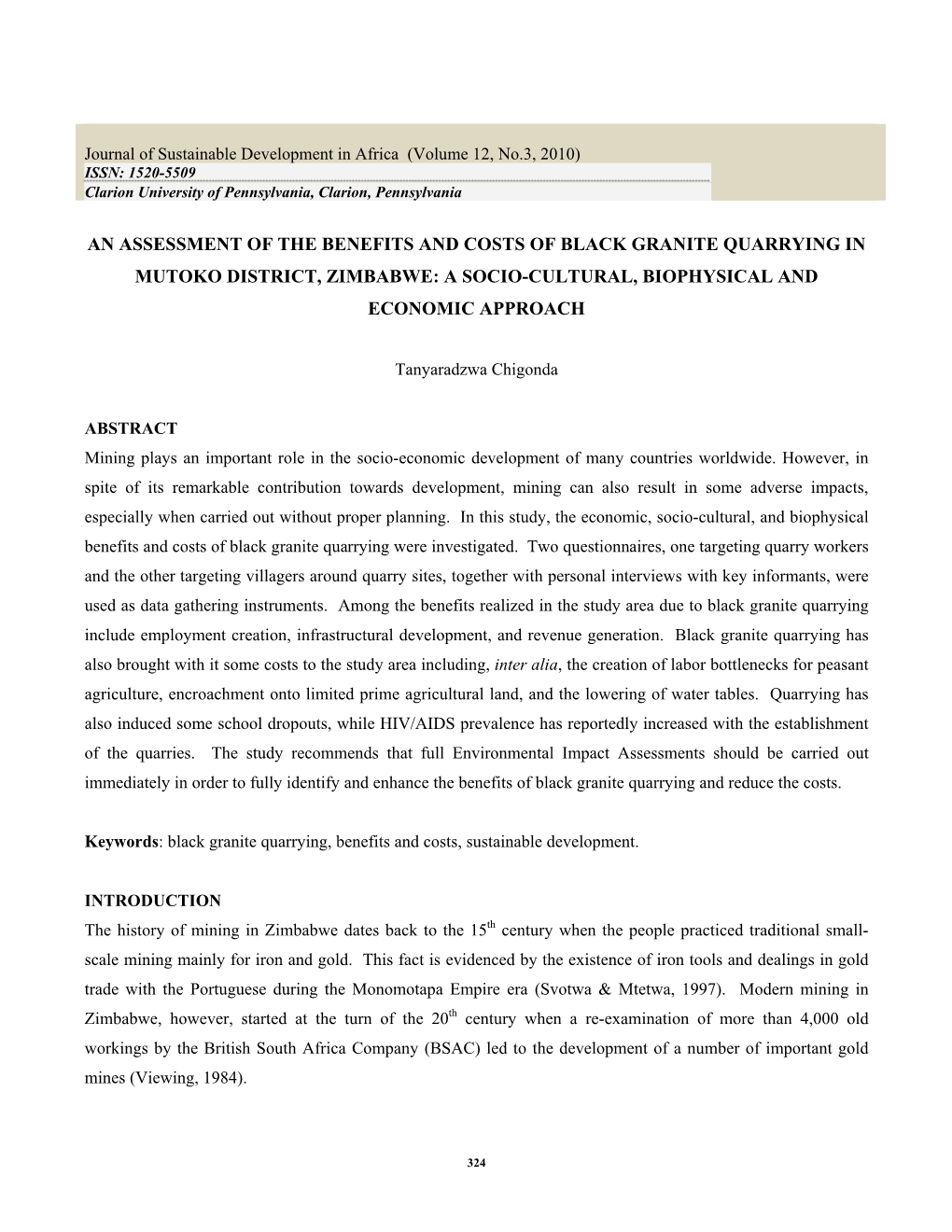 An Assessment of the Benefits and Costs of Black Granite Quarrying in Mutoko District, Zimbabwe: a Socio-Cultural, Biophysical and Economic Approach