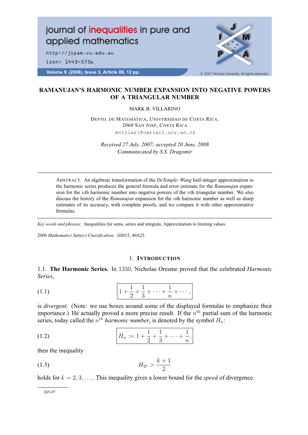 Ramanujan's Harmonic Number Expansion Into Negative Powers Of