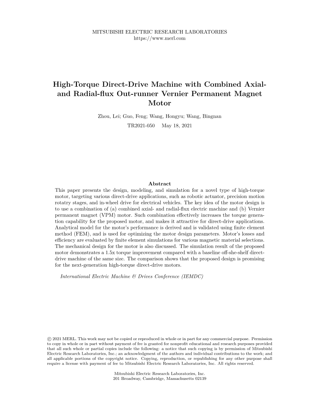 And Radial-Flux Out-Runner Vernier Permanent Magnet Motor /Author