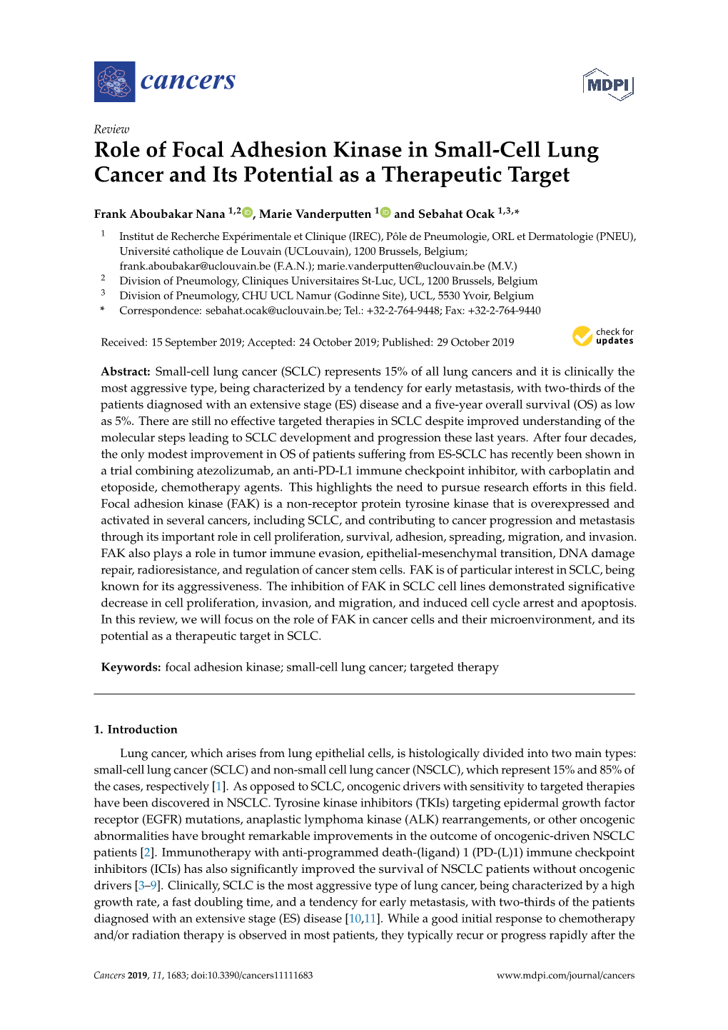 Role of Focal Adhesion Kinase in Small-Cell Lung Cancer and Its Potential As a Therapeutic Target