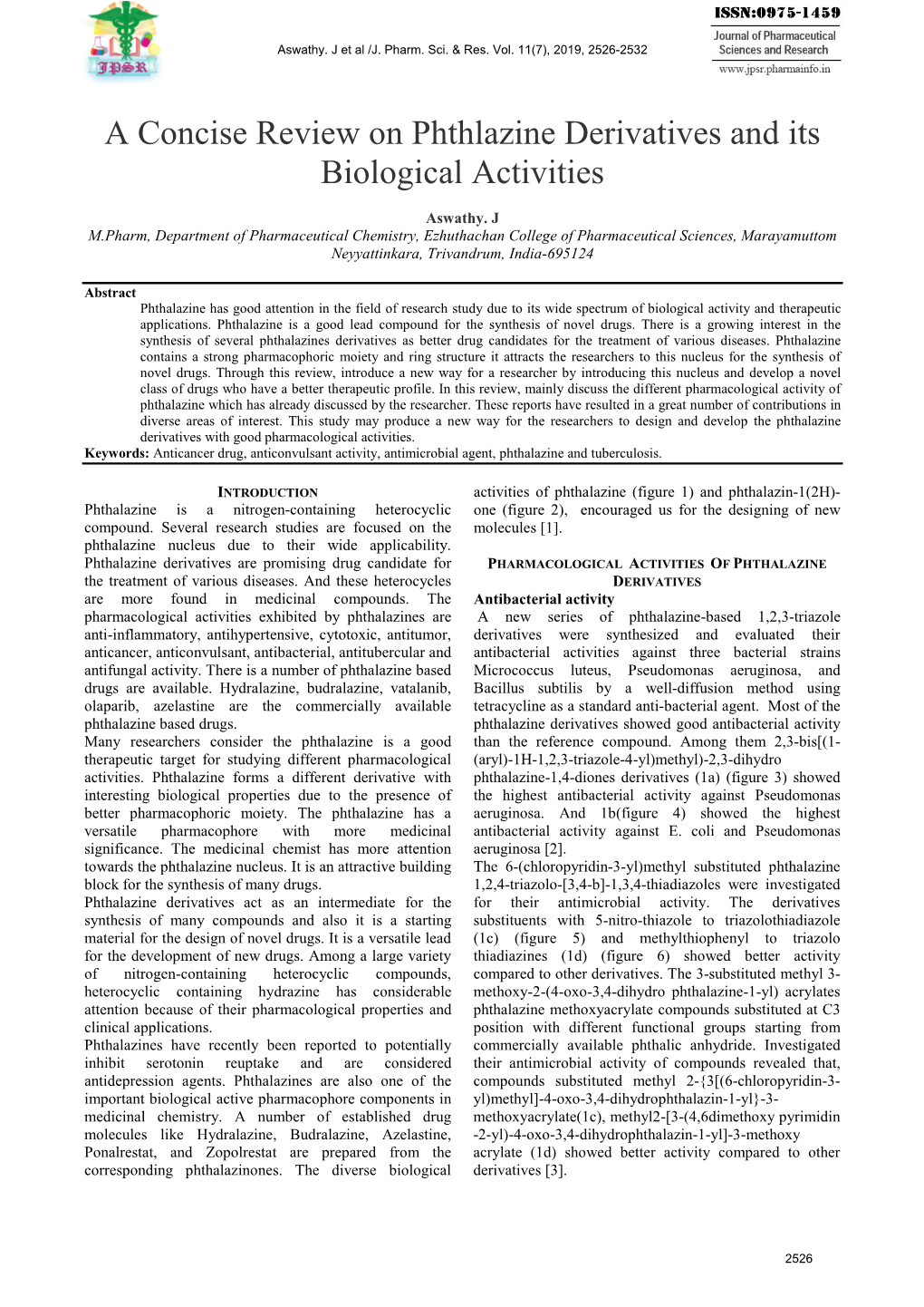 A Concise Review on Phthlazine Derivatives and Its Biological Activities