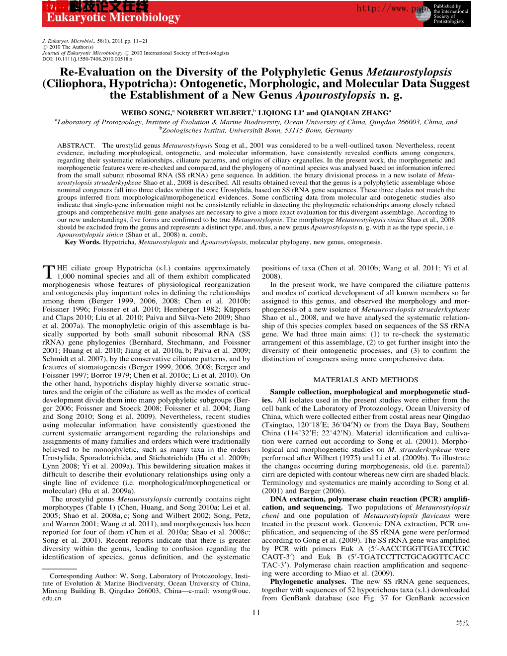 (Ciliophora, Hypotricha): Ontogenetic, Morphologic, and Molecular Data Suggest the Establishment of a New Genus Apourostylopsis N