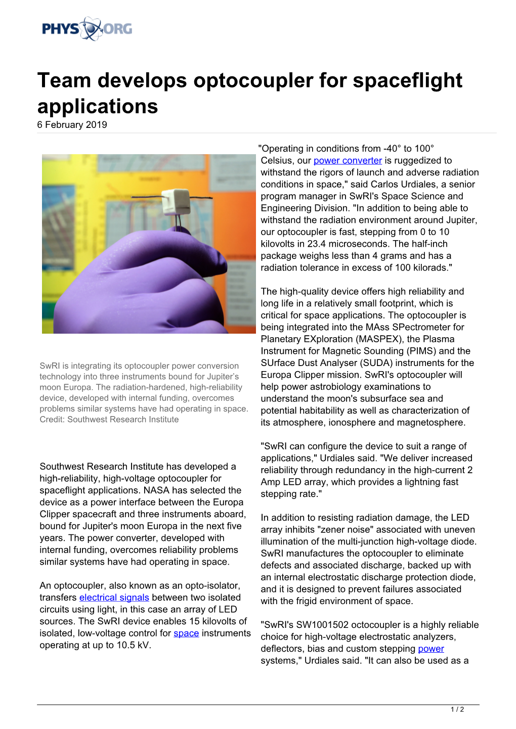 Team Develops Optocoupler for Spaceflight Applications 6 February 2019