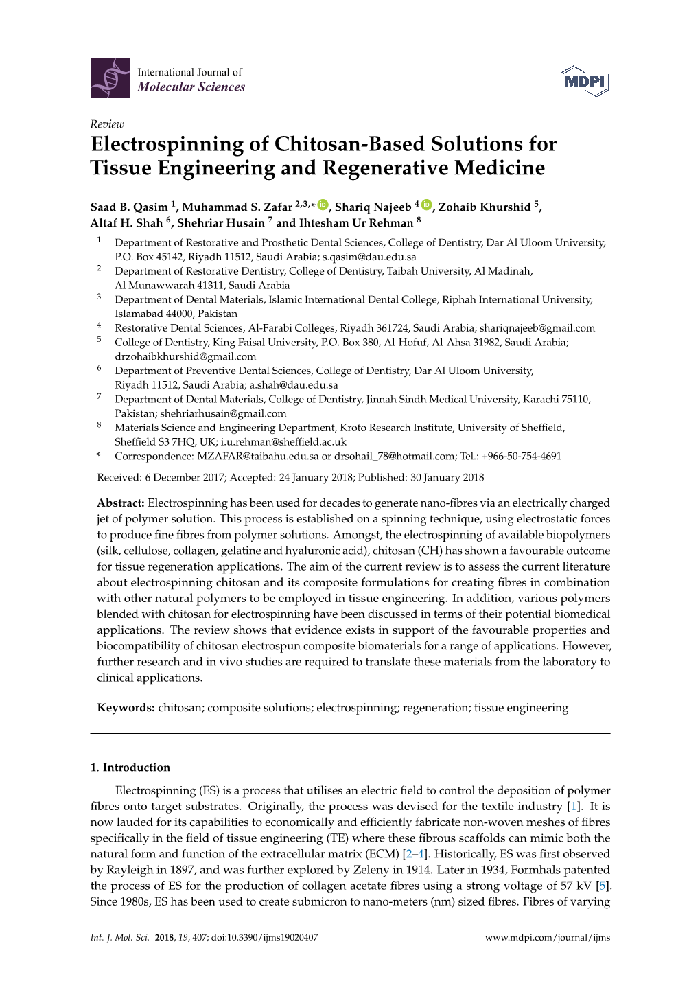 Electrospinning of Chitosan-Based Solutions for Tissue Engineering and Regenerative Medicine