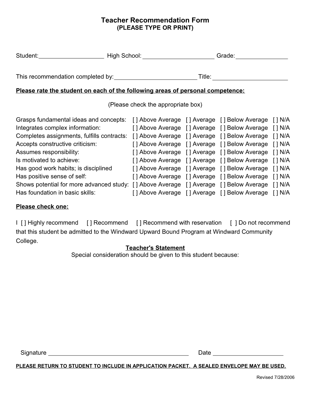 Teacher Recommendation Form