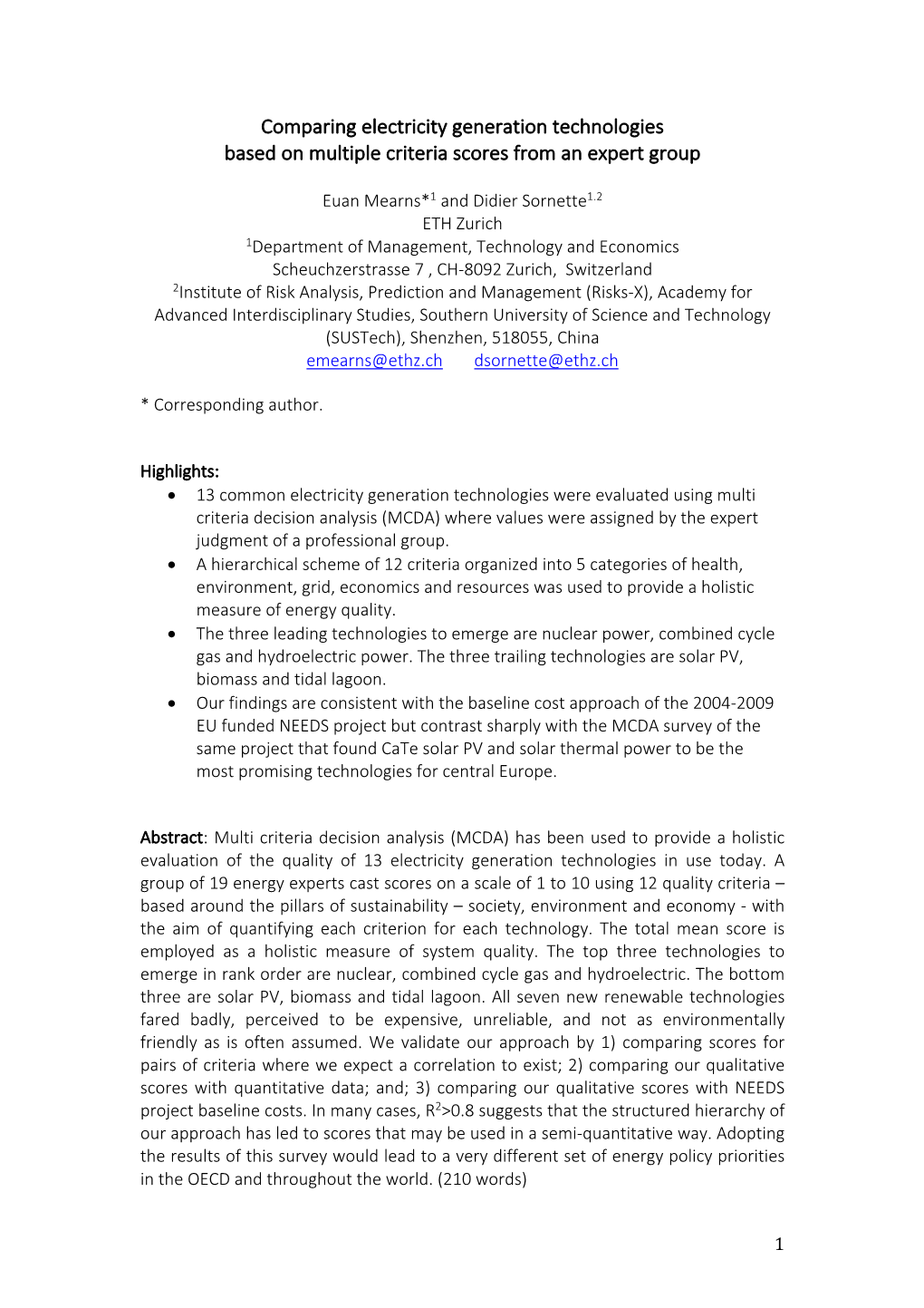 Comparing Electricity Generation Technologies Based on Multiple Criteria Scores from an Expert Group