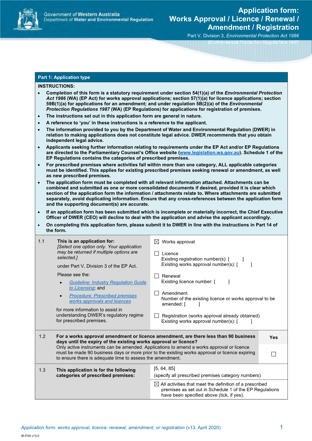 Application Form: Works Approval / Licence / Renewal / Amendment