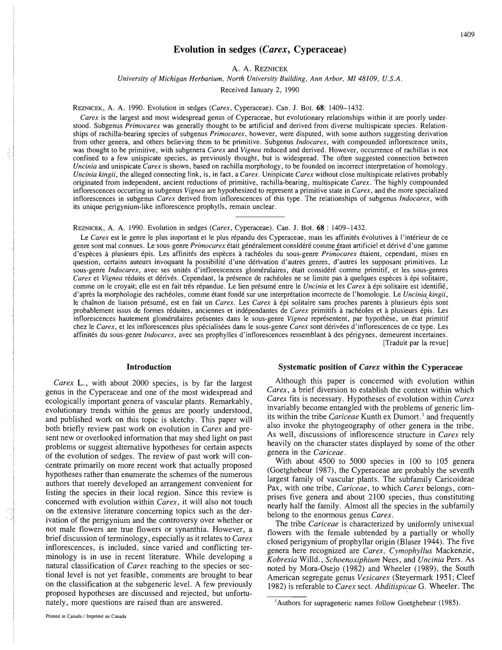 Evolution in Sedges (Carex, Cyperaceae)